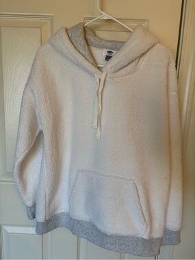 Old Navy White Sherpa V-Neck Hoodie with Gray Trim